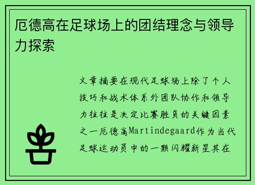 厄德高在足球场上的团结理念与领导力探索